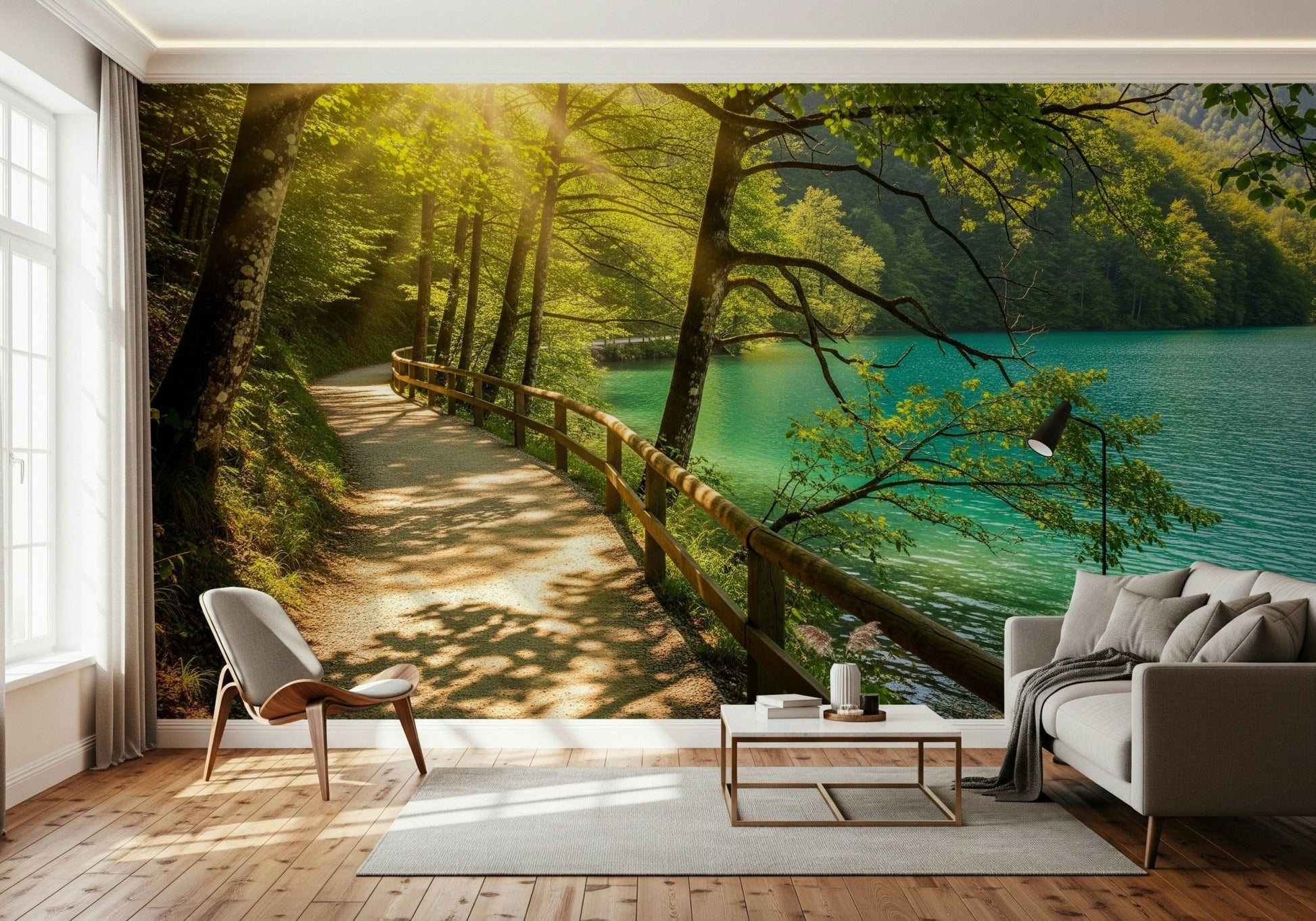 Sunlit Lakeside Path Wall Mural