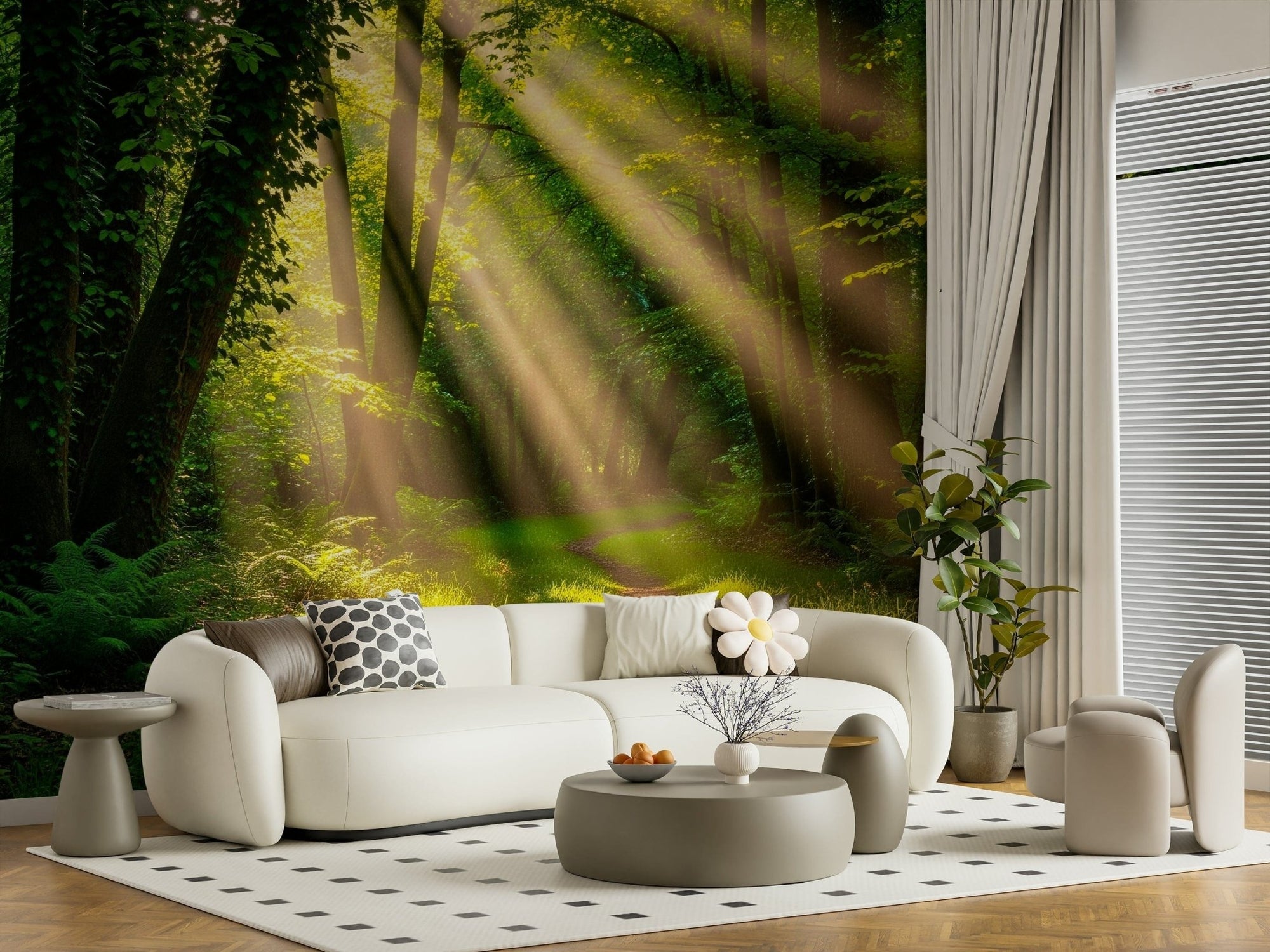 Sunlit Path wall mural of sunbeams through a green forest behind a cream curved sofa and sage round coffee table