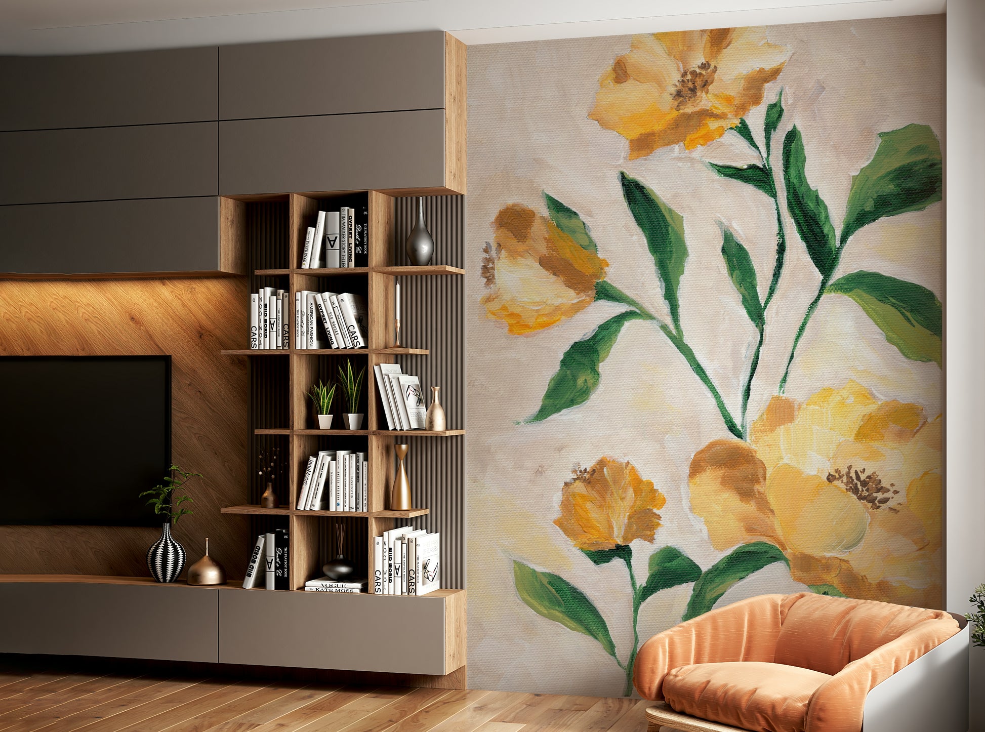 Artistic sunlit flower mural for elegant interiors

