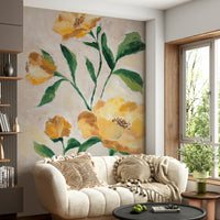 Warm floral mural with petals lit by golden light

