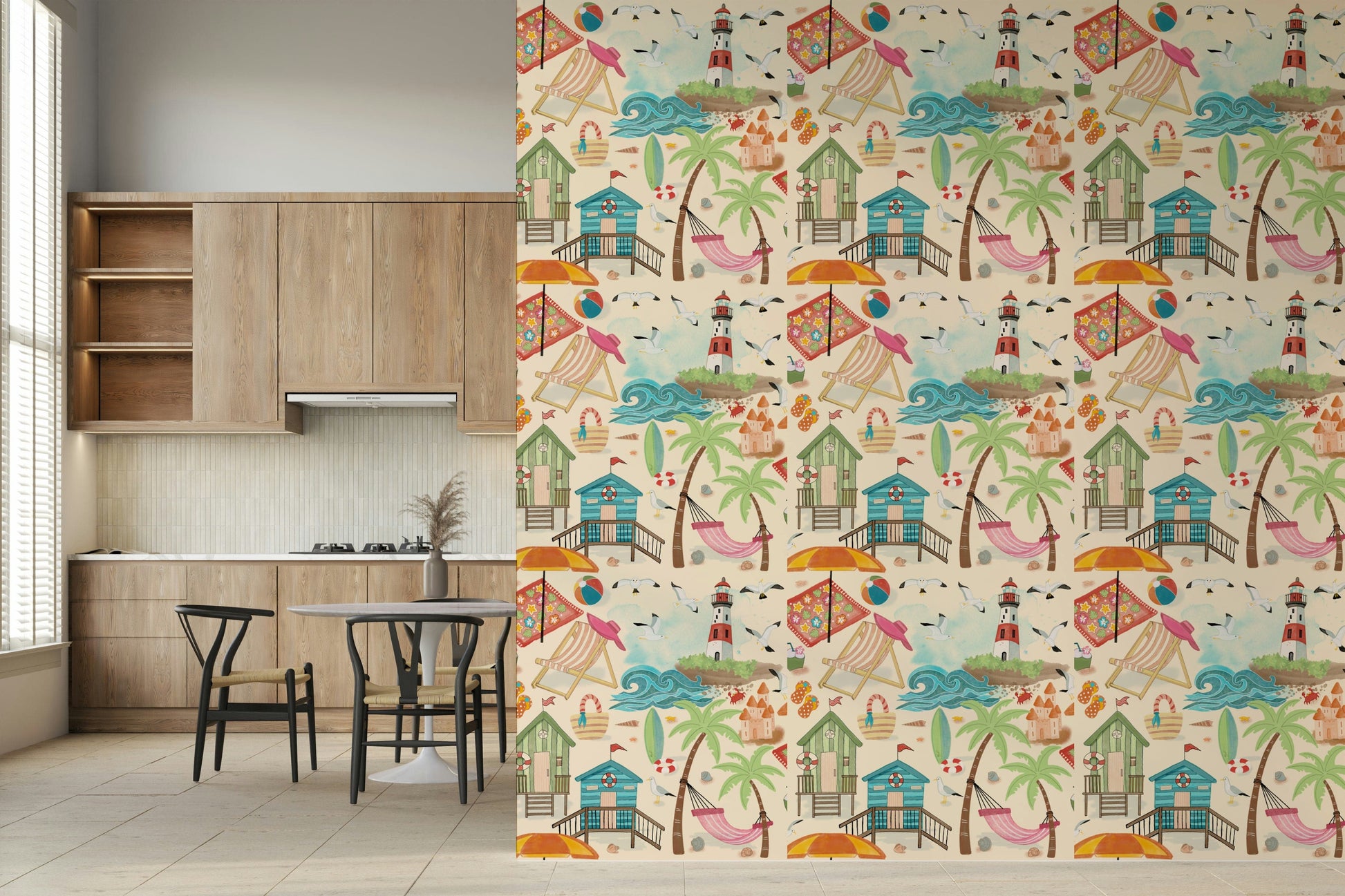 Decorative mural with seaside scenery for a calming and peaceful interior vibe.
