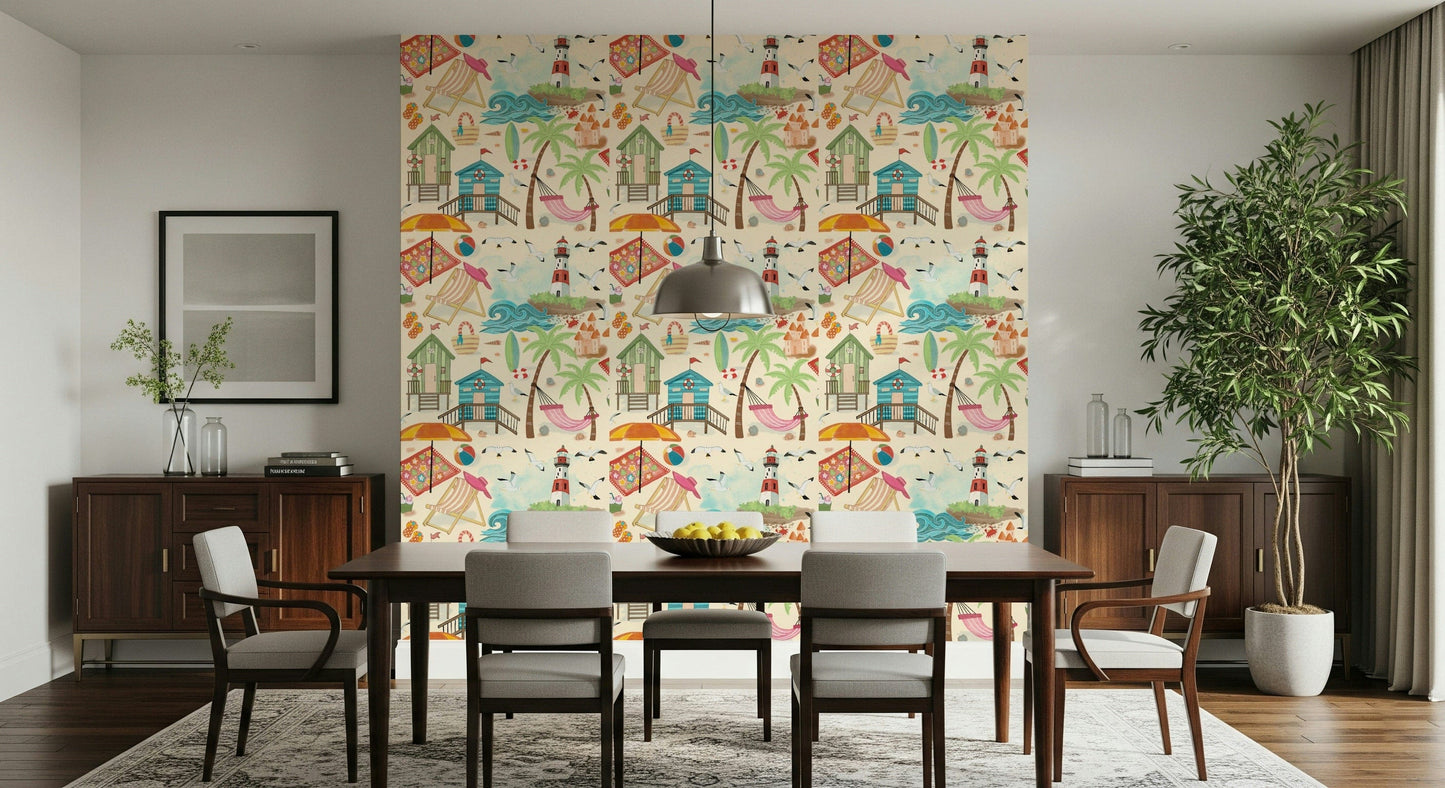 Coastal-inspired wallpaper showcasing a tranquil seaside view with soft blue tones.