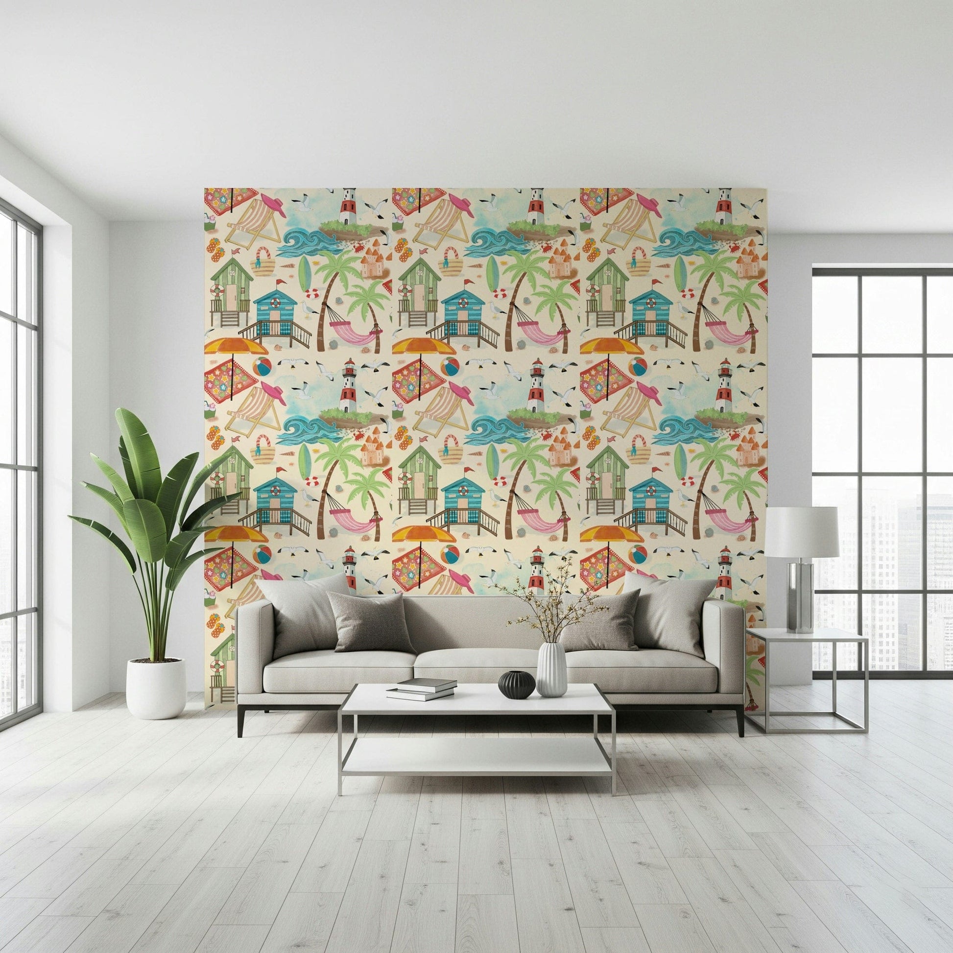 Seaside Escape Wallpaper featuring a serene coastal landscape with waves, sand, and sky.