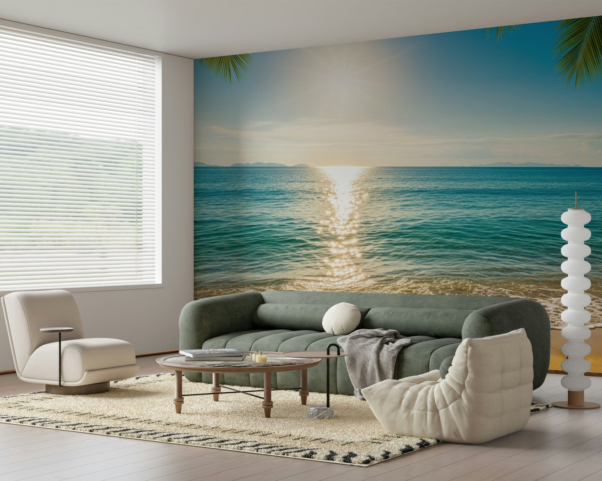 Minimal coastal wall mural with dunes and sea, modern lounge, subtle wall decor