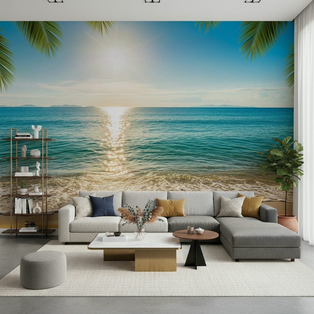 Coastal calm wall mural in home office, airy colours, clean backdrop behind desk