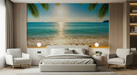Ocean horizon wall mural in bedroom, pale blues and warm neutrals, behind headboard