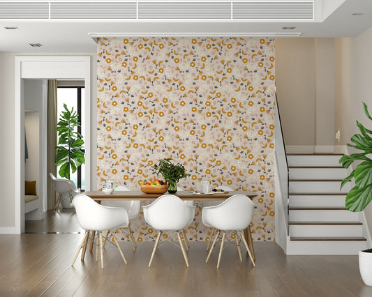 A light floral wallpaper with tiny yellow blossoms and soft green accents for a warm, airy feel.