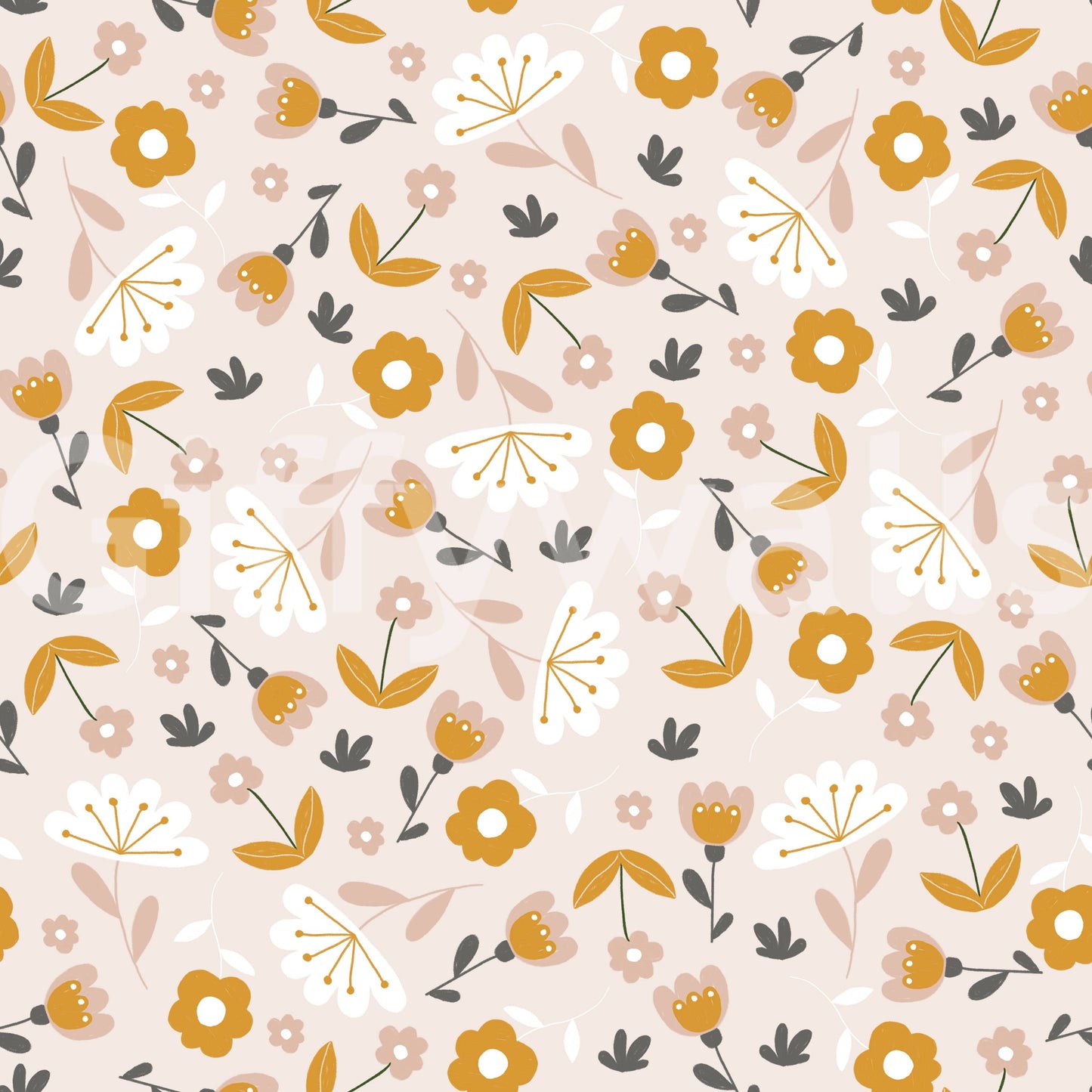 A minimalist wallpaper featuring petite golden flowers and soft foliage in a scattered layout.