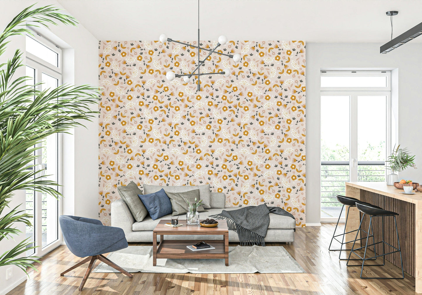 A soft, nature-inspired wallpaper showcasing tiny yellow blooms and subtle grey leaves.