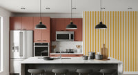 Fine white dashed details on Sunny Stripes Wallpaper for dining area.