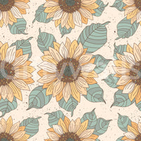 Rustic sunflower wallpaper with warm petals, teal leaves, and fine speckled background details.