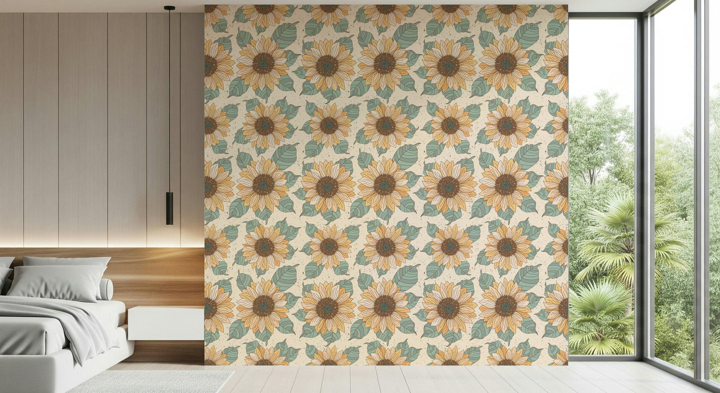 Artistic floral wallpaper mural featuring hand-drawn sunflowers in a repeating layout.