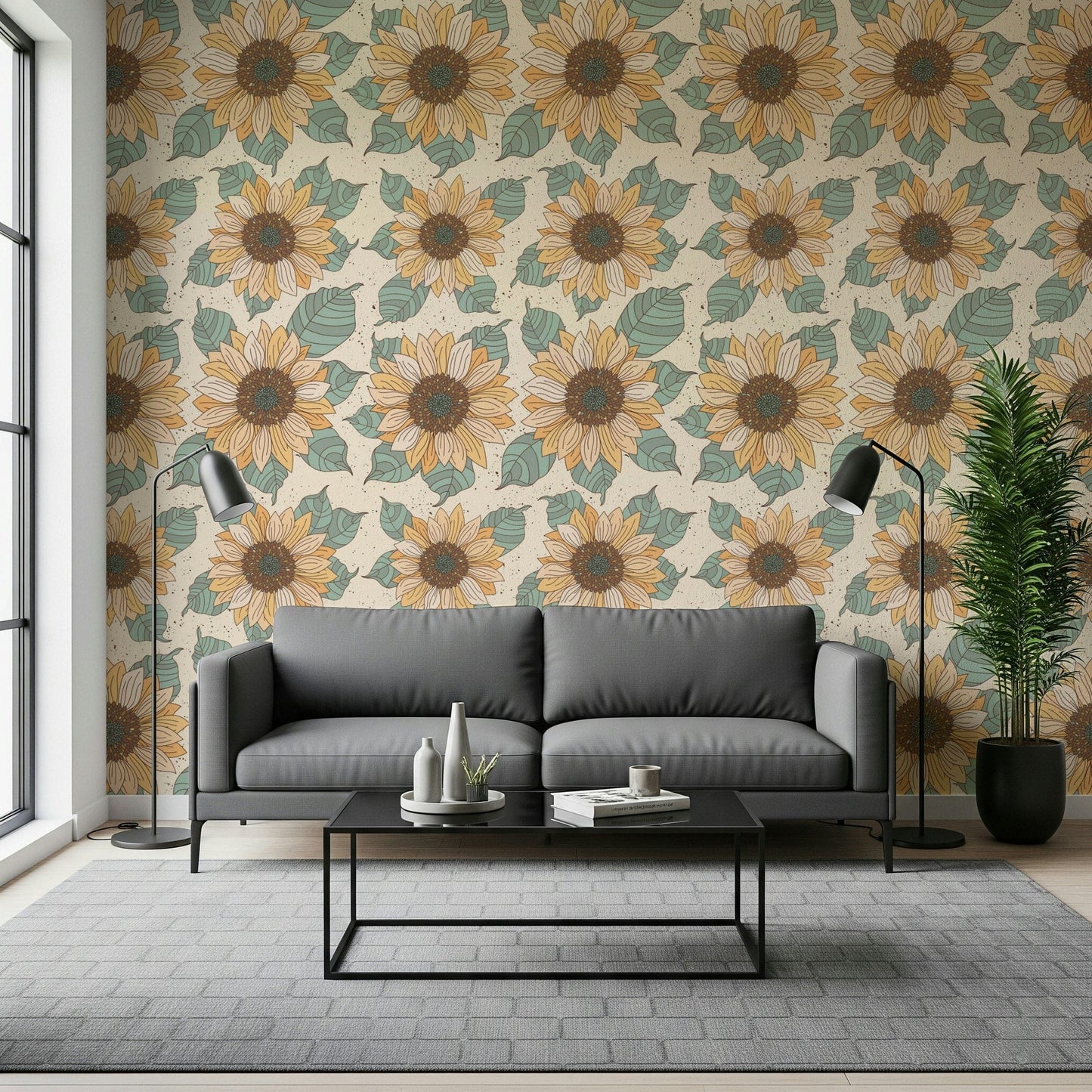 Floral wallpaper mural with repeating hand-drawn sunflowers in warm yellow and earthy green tones.