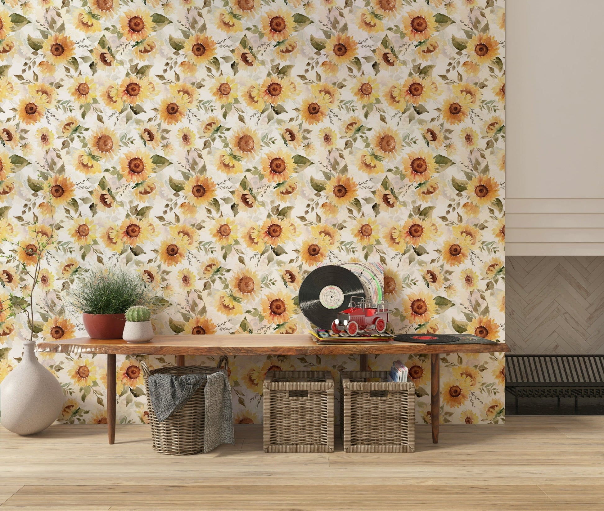 Wall mural featuring sunny sunflowers, botanical room style.