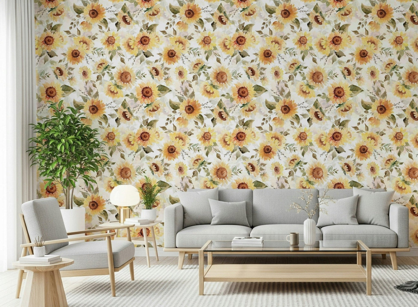 Yellow floral wallpaper, Sunny Watercolor Sunflowers for rooms.