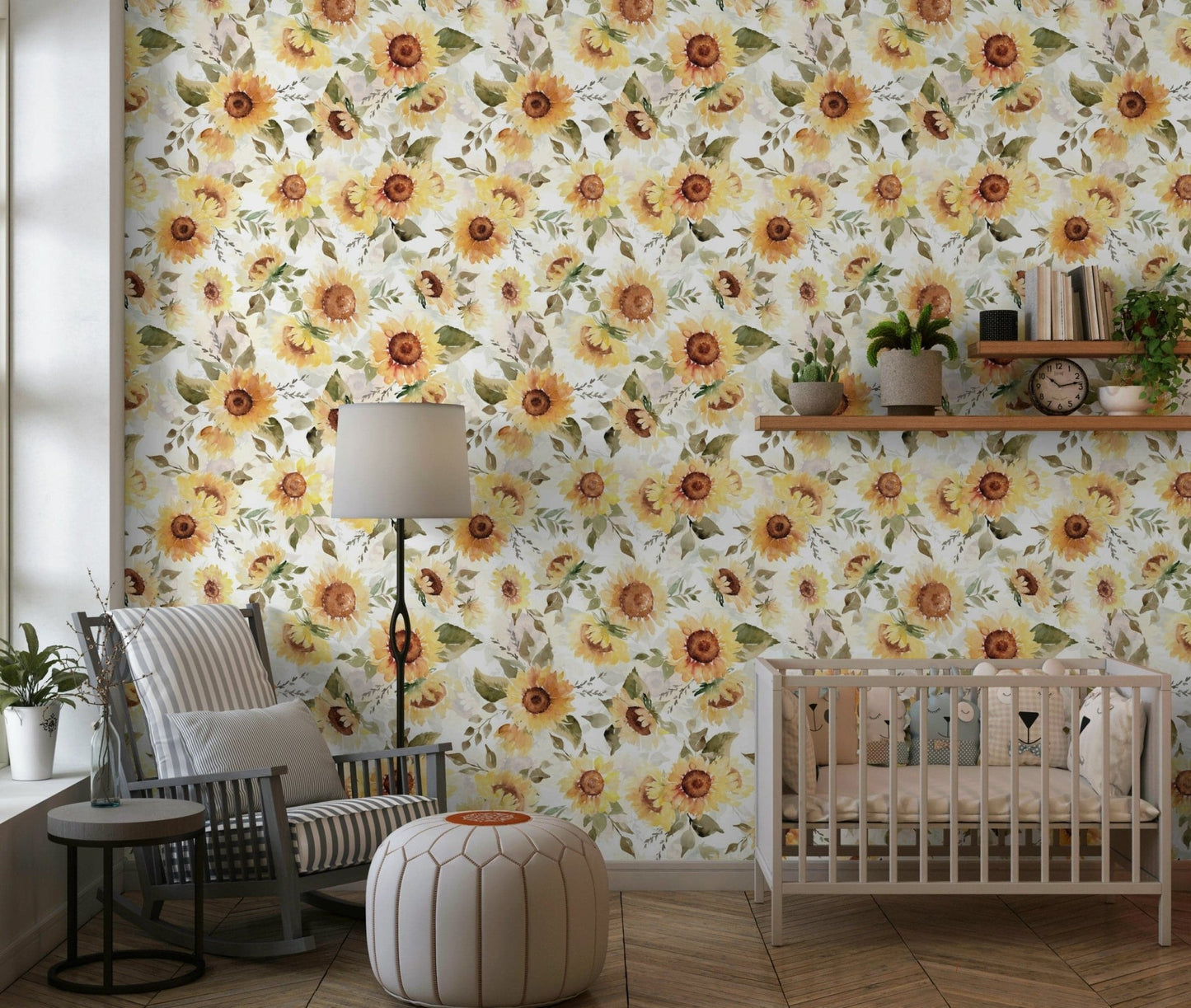 Joyful sunflower wall mural, painterly aesthetic home decor.