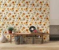 Wall mural featuring sunny sunflowers, botanical room style.