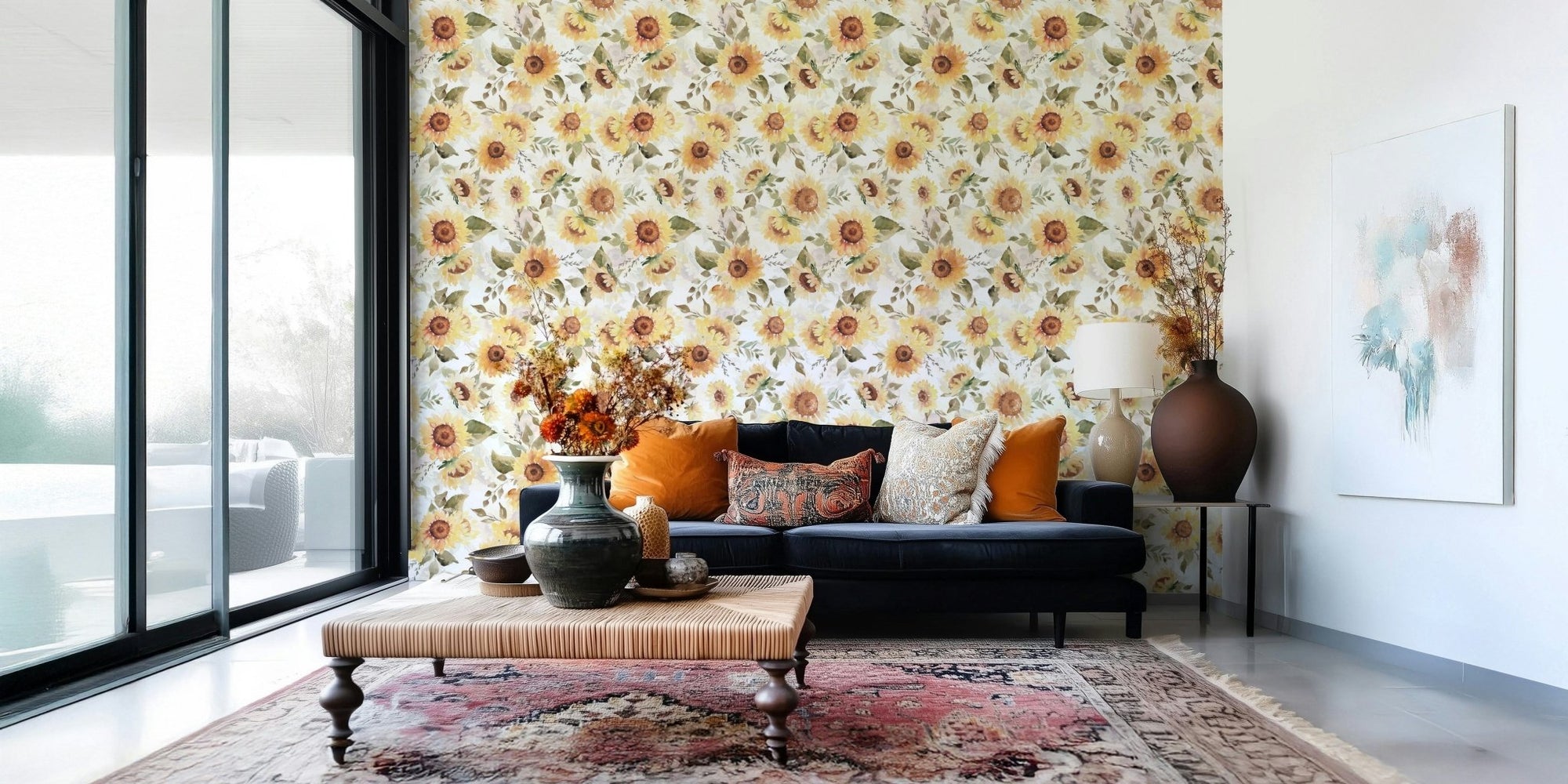 Sunny Watercolor Sunflowers wallpaper, bright yellow floral pattern.