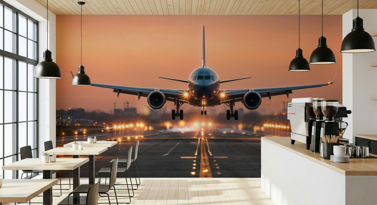 Entryway feature wall with sunrise mural, light wood console, simple decor, welcoming glow