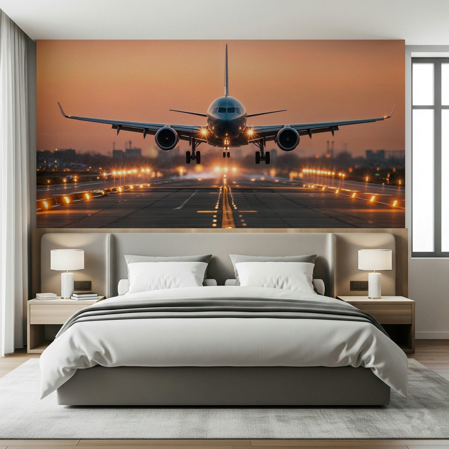Sunrise mural wallpaper in lounge, beige sectional, modern rug, warm sky gradient backdrop