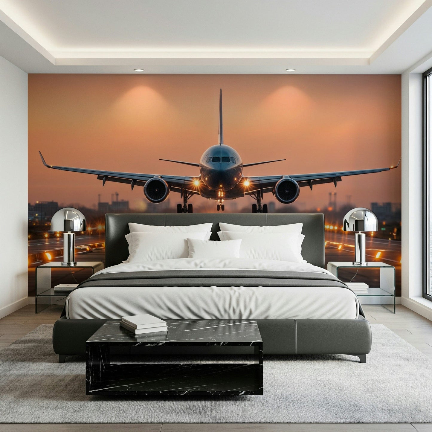 Open-plan living room with sunrise mural wallpaper, white walls, warm tones, modern wall decor