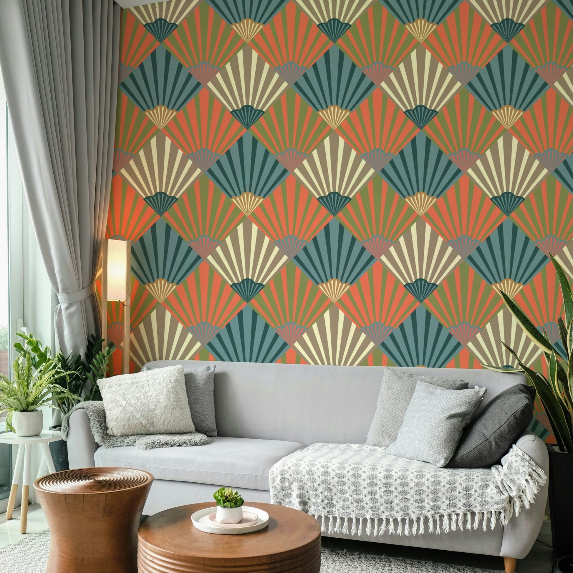 The image shows a peaceful, vintage-style pattern with geometric shapes.


