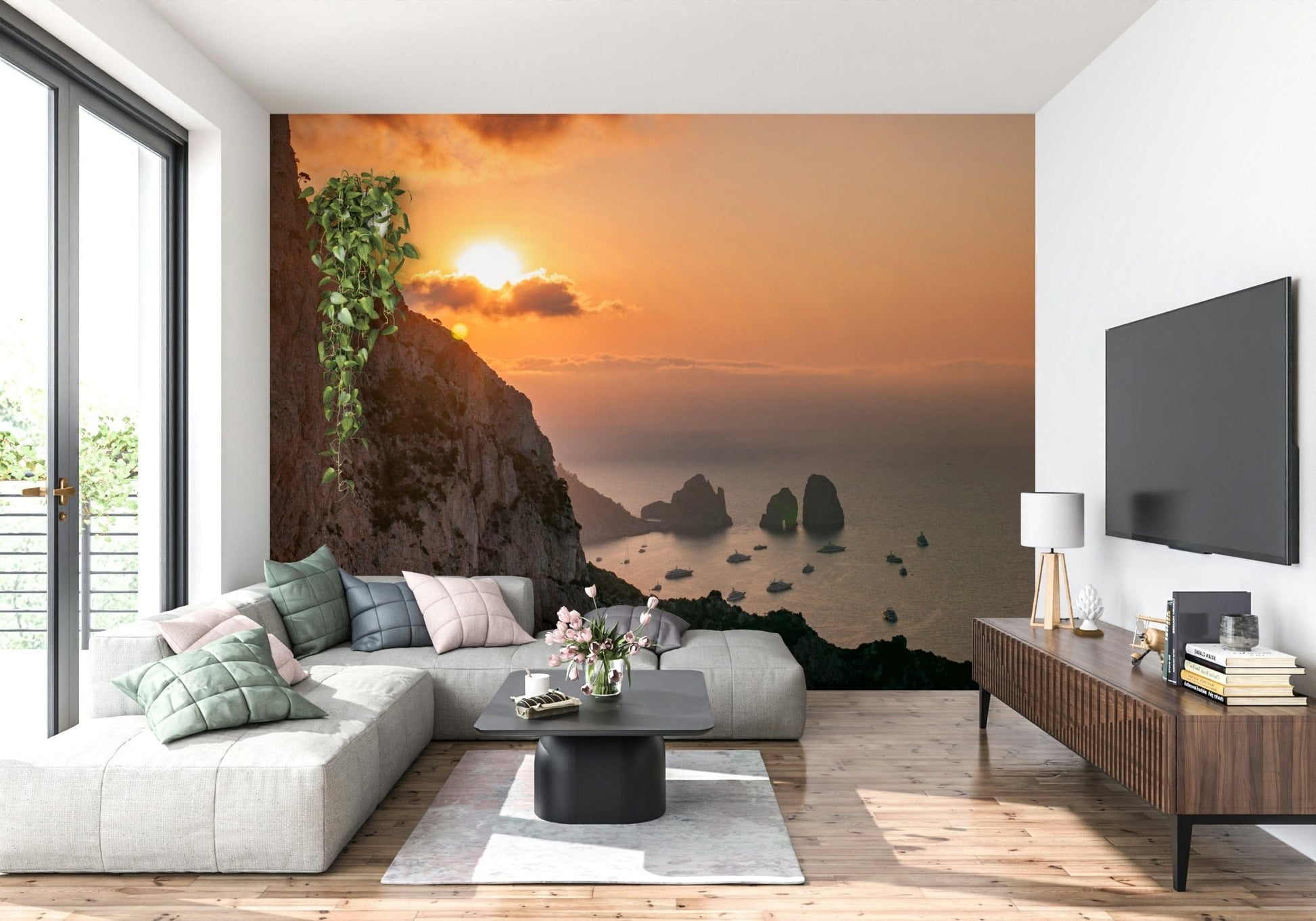 Serene ocean view wall mural with yachts