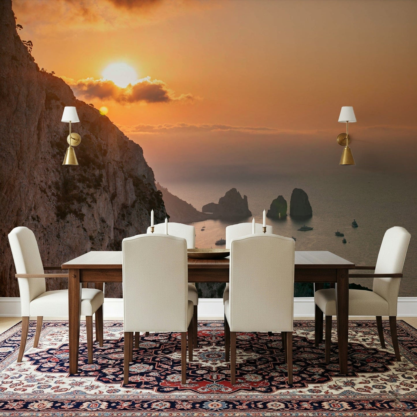 Golden sunrise cliffs wall mural over calm sea