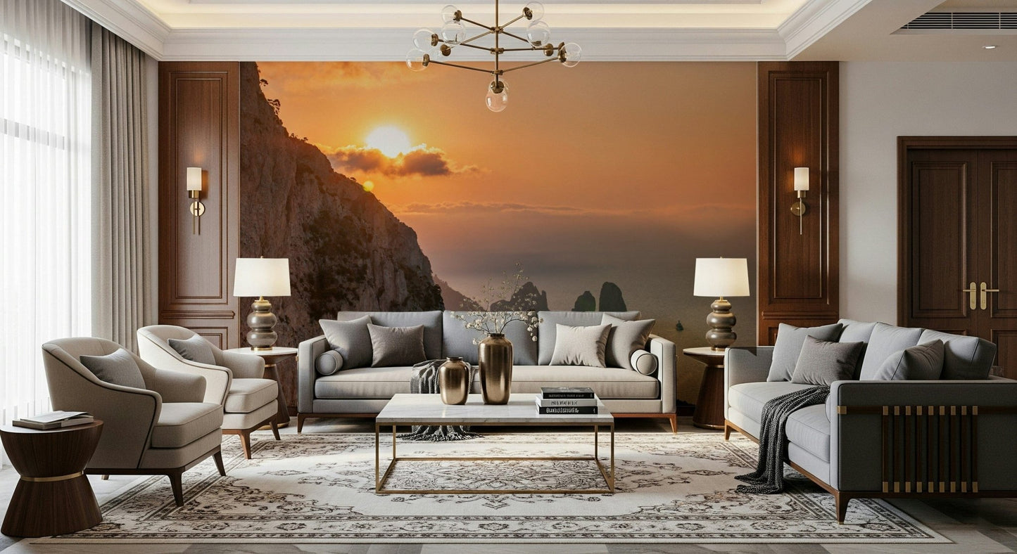 Cliffside sunrise wall mural in warm tones