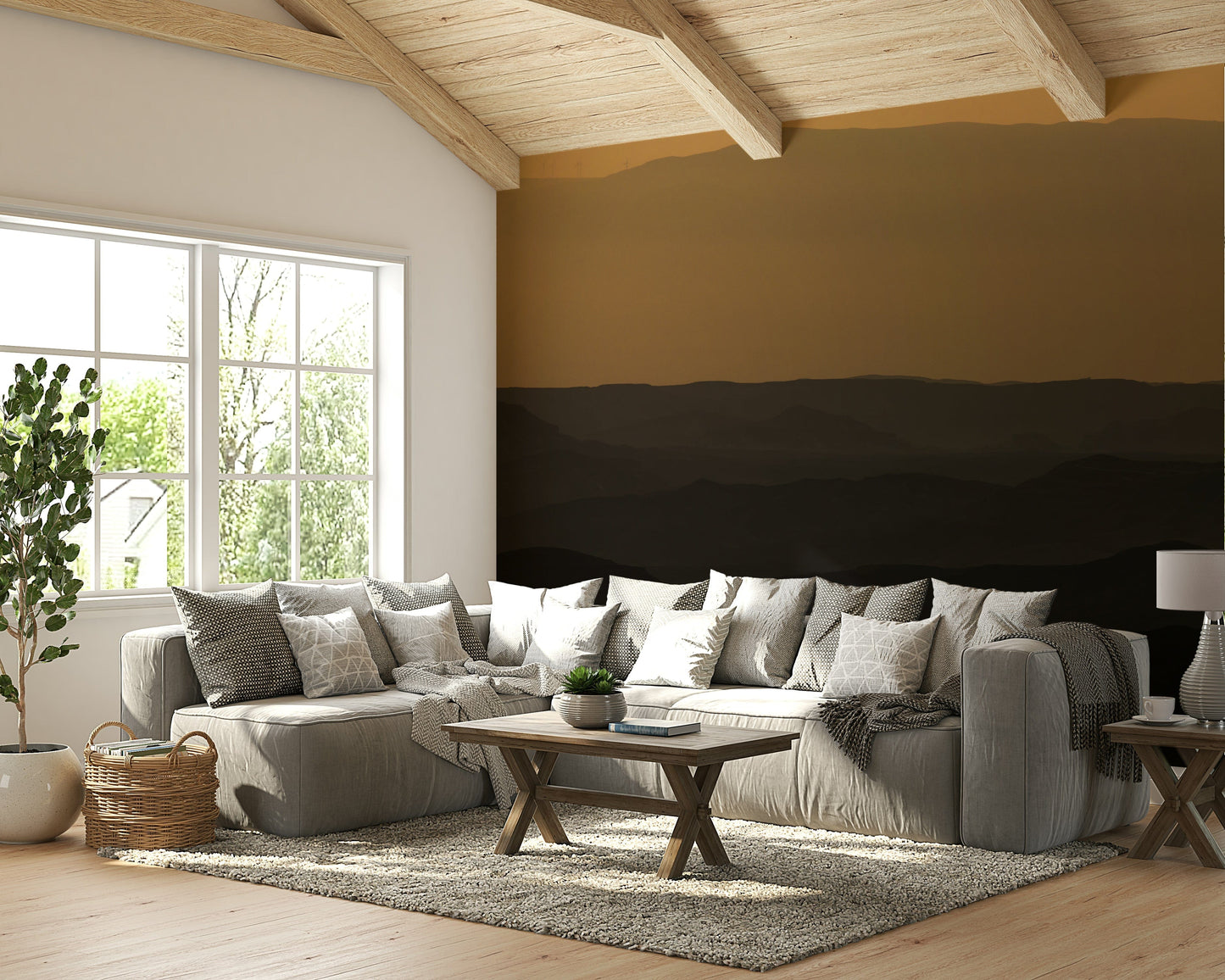 A minimalist interior with the desert-themed wallpaper.

