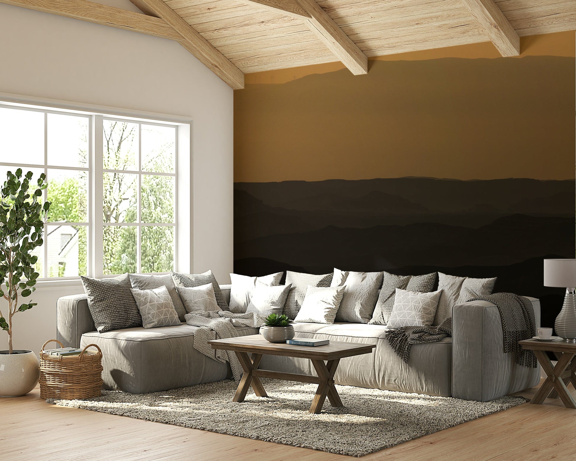 A minimalist interior with the desert-themed wallpaper.

