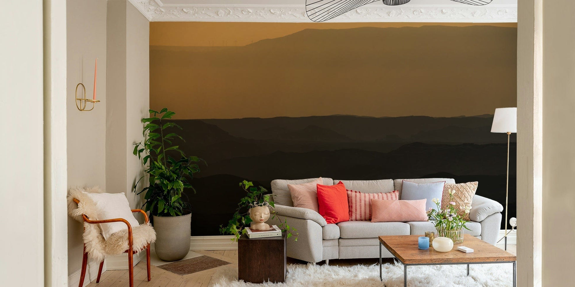 The wallpaper is used as a feature wall in a bedroom.

