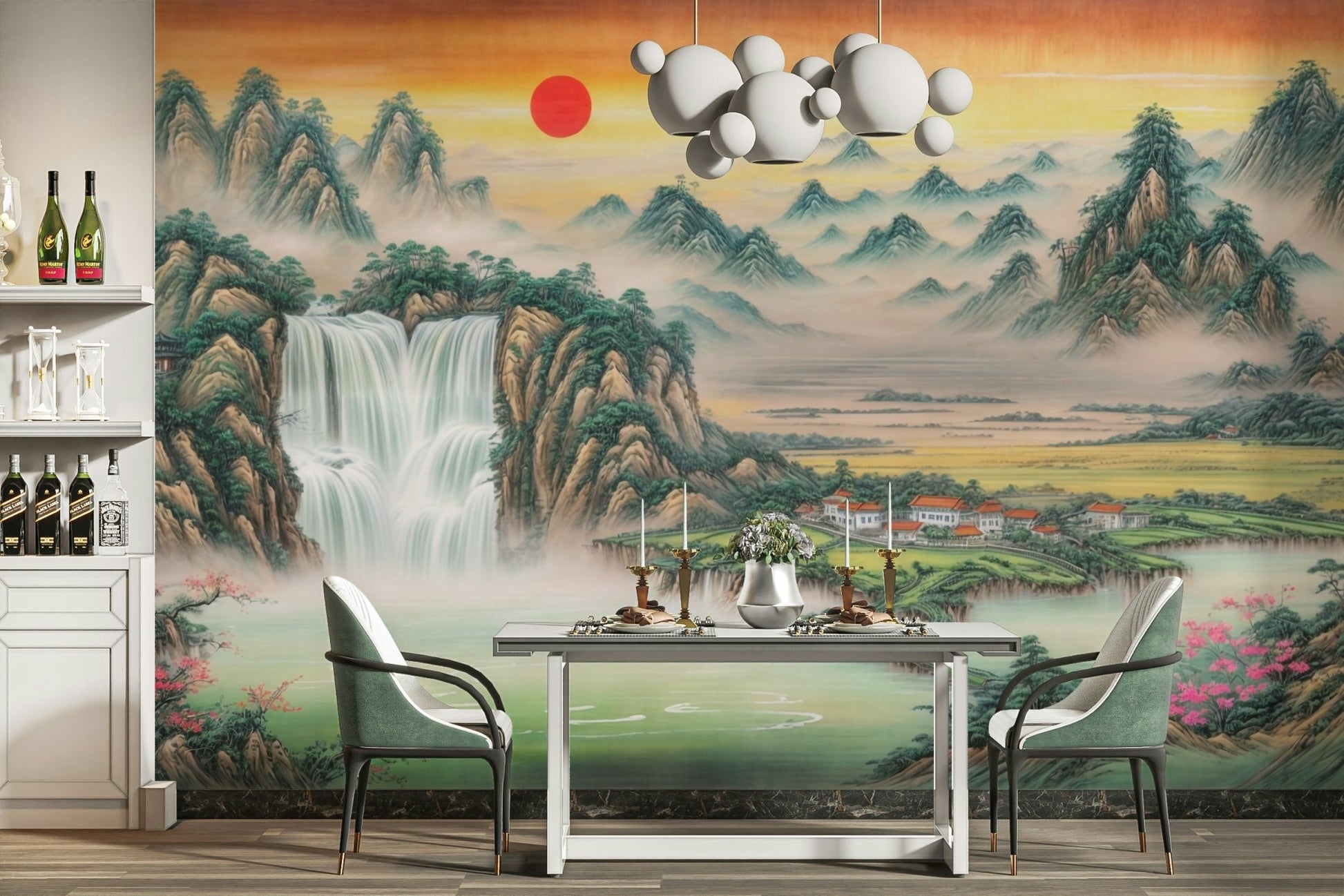 A wide shot of a wall mural showing a sunrise over a tranquil landscape.
