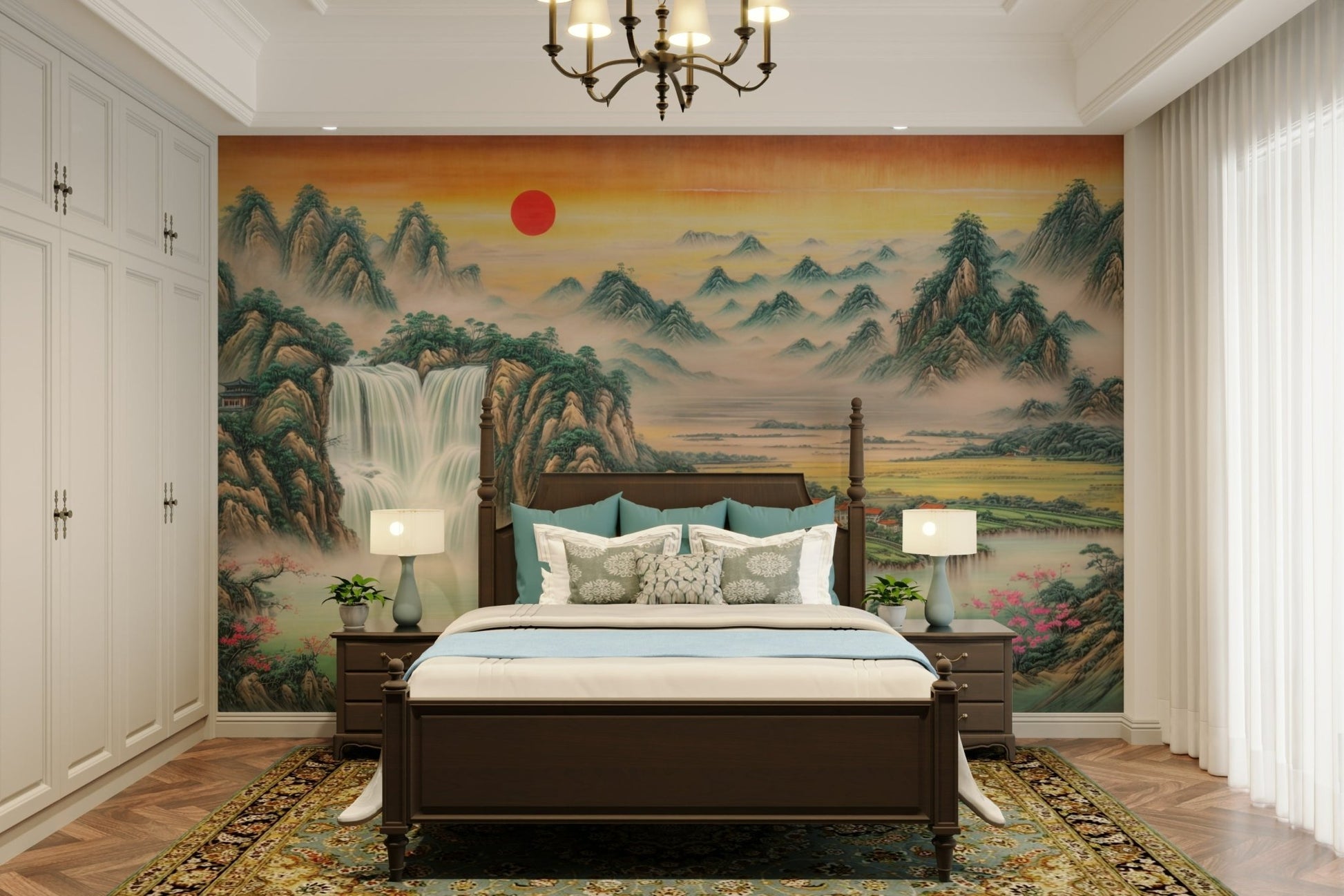 The foreground shows a peaceful field or body of water.
