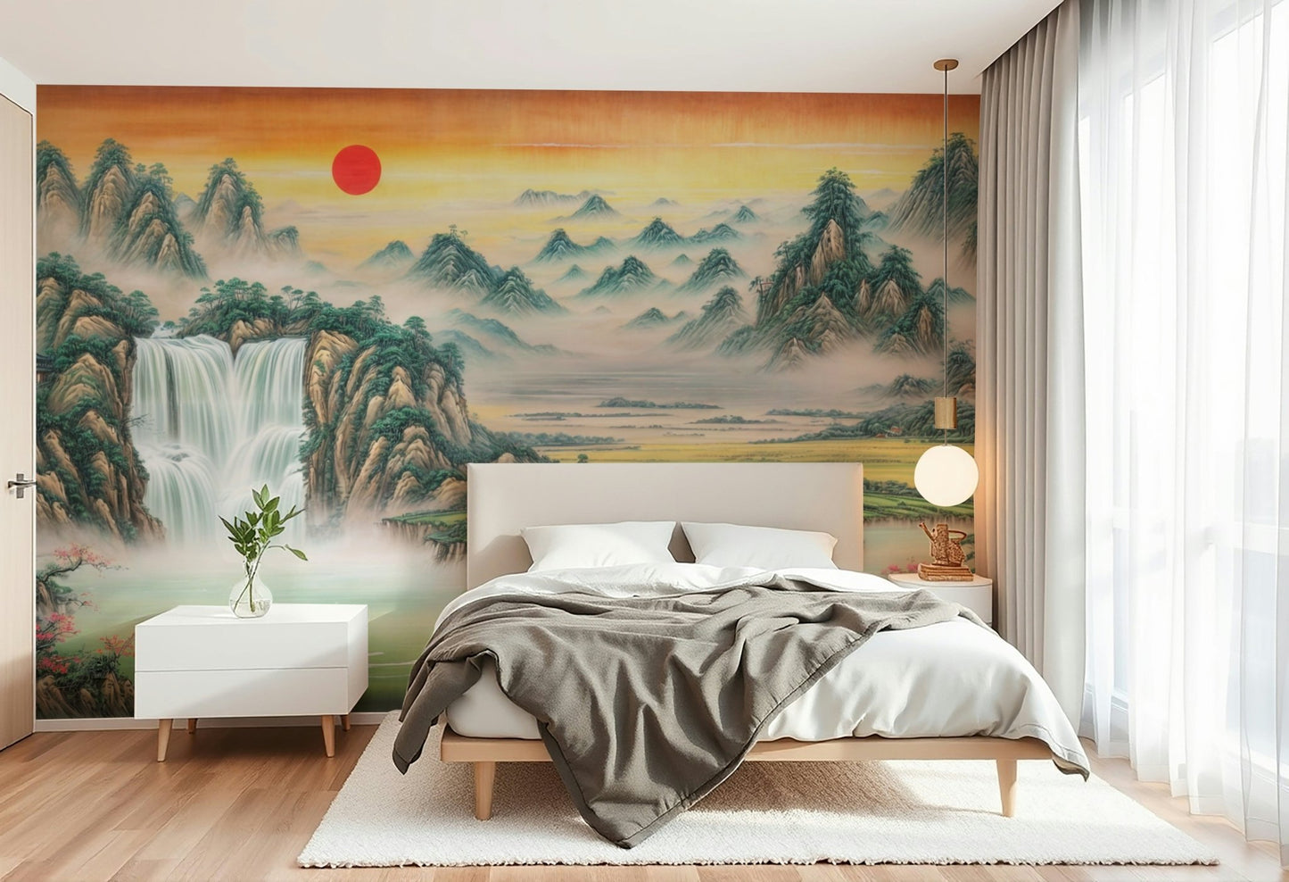 The lighting in the room is gentle, complementing the mural's mood.
