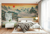 The lighting in the room is gentle, complementing the mural's mood.
