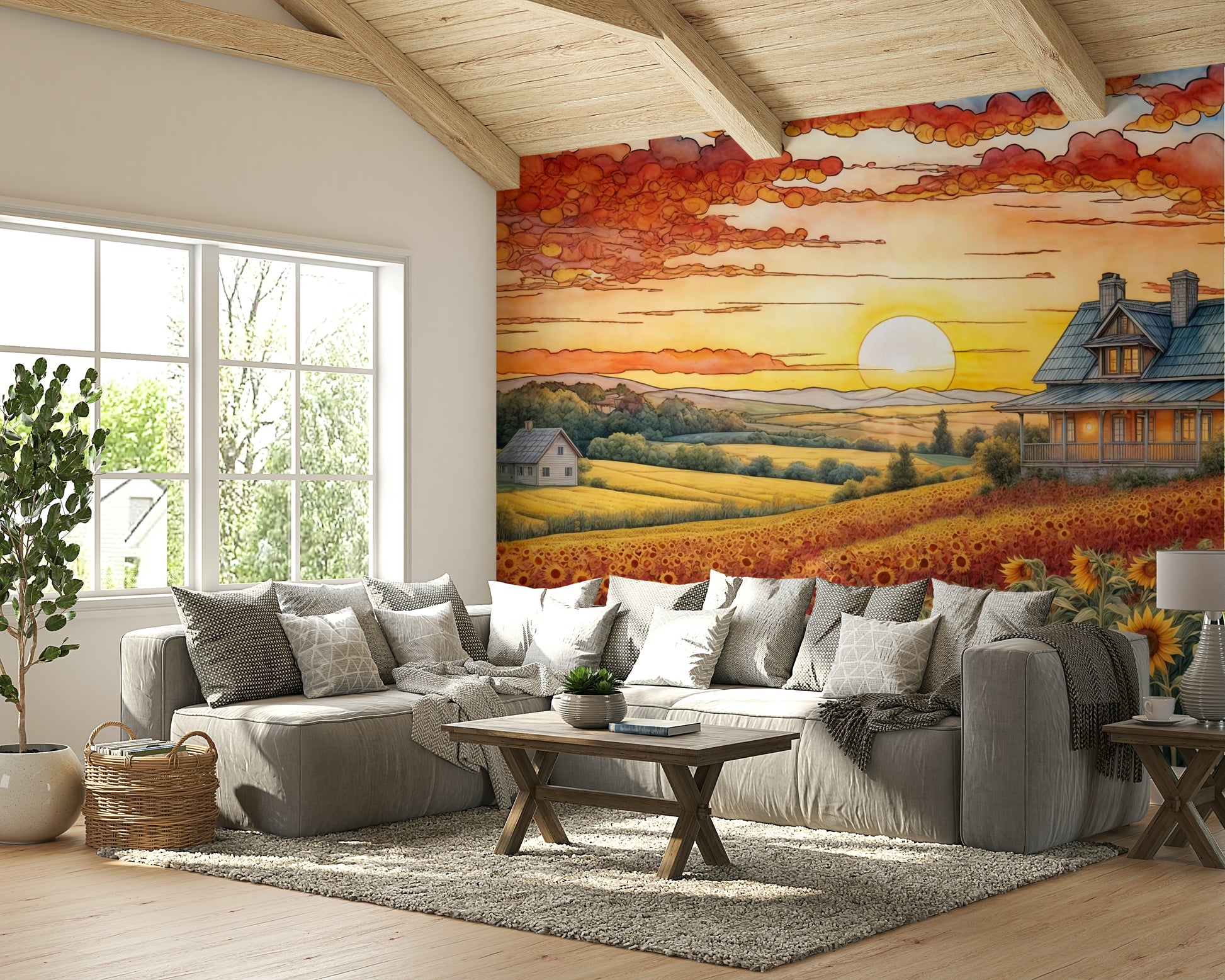 The mural shows a panoramic view of a field of sunflowers.

