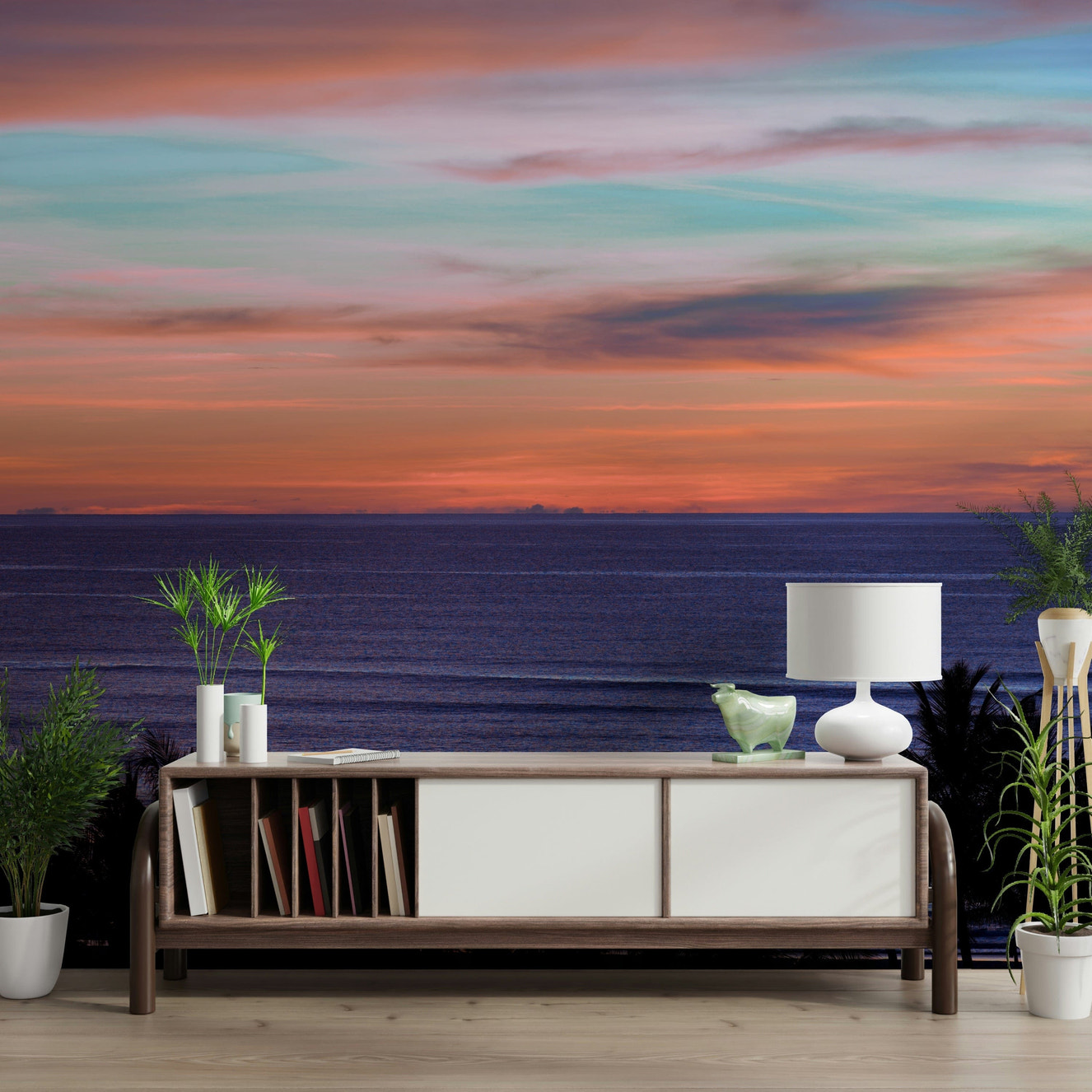 Beach Sunset Wall Mural in a modern flat lounge with minimalist home décor.