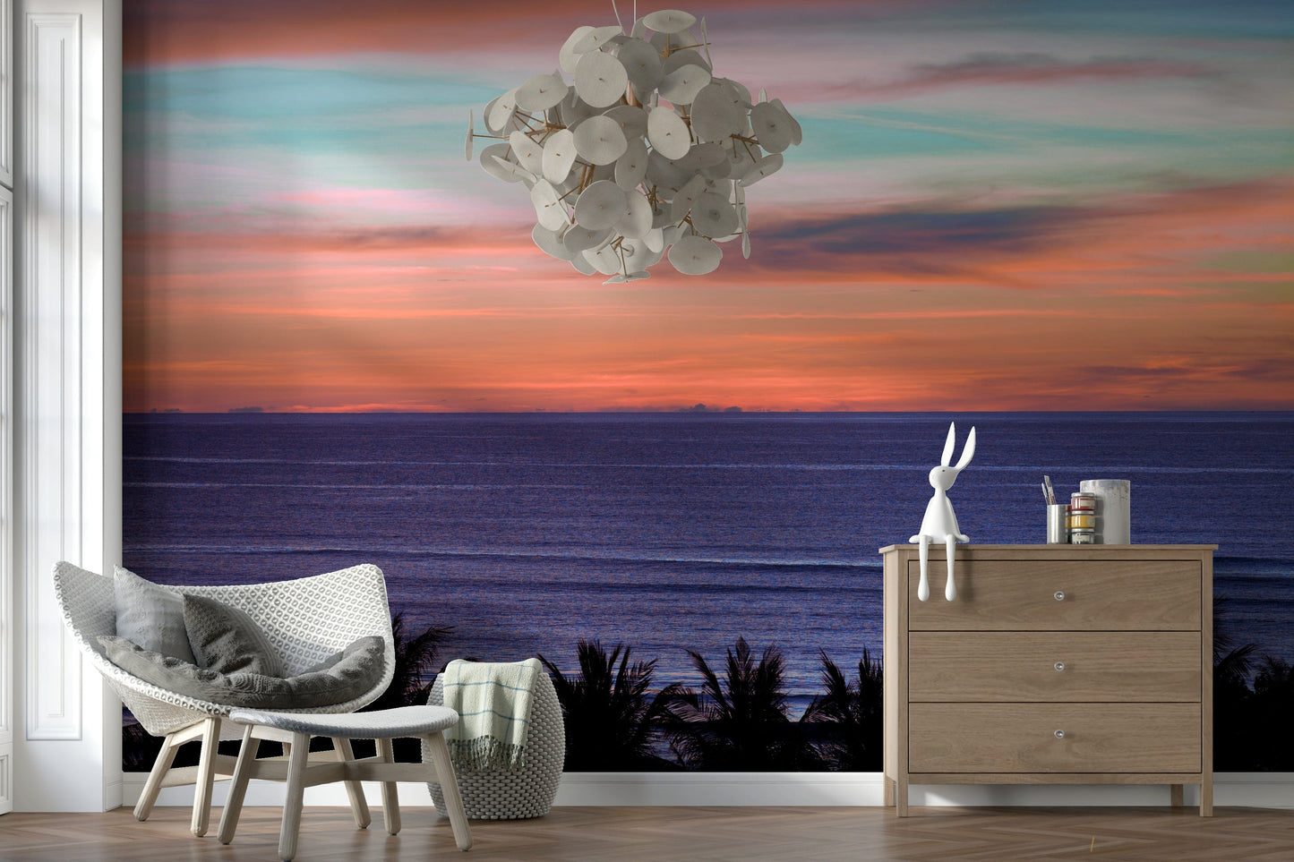 Realistic ocean mural on a feature wall in a contemporary dining room.