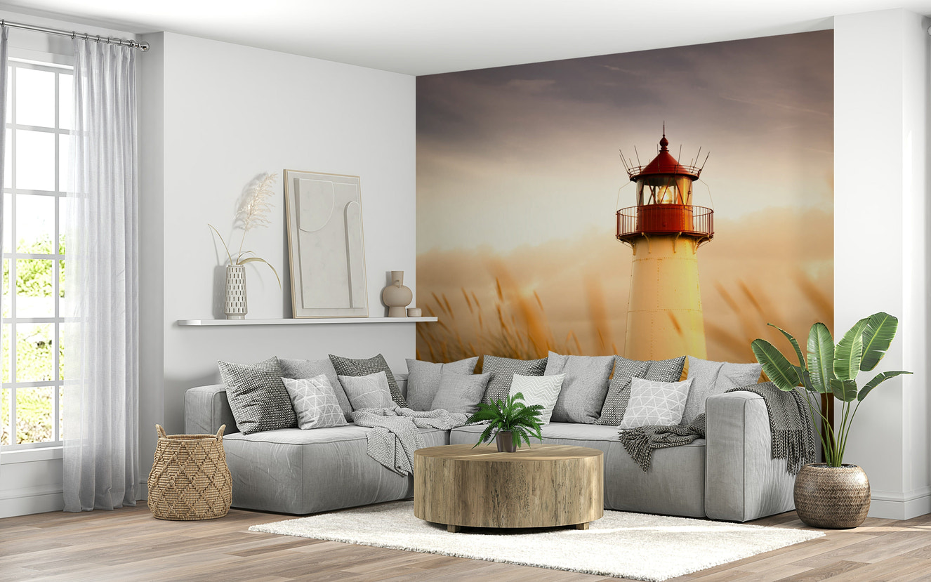 Bedroom wallpaper mural with lighthouse at dusk, soft coral sky, calm coastal style