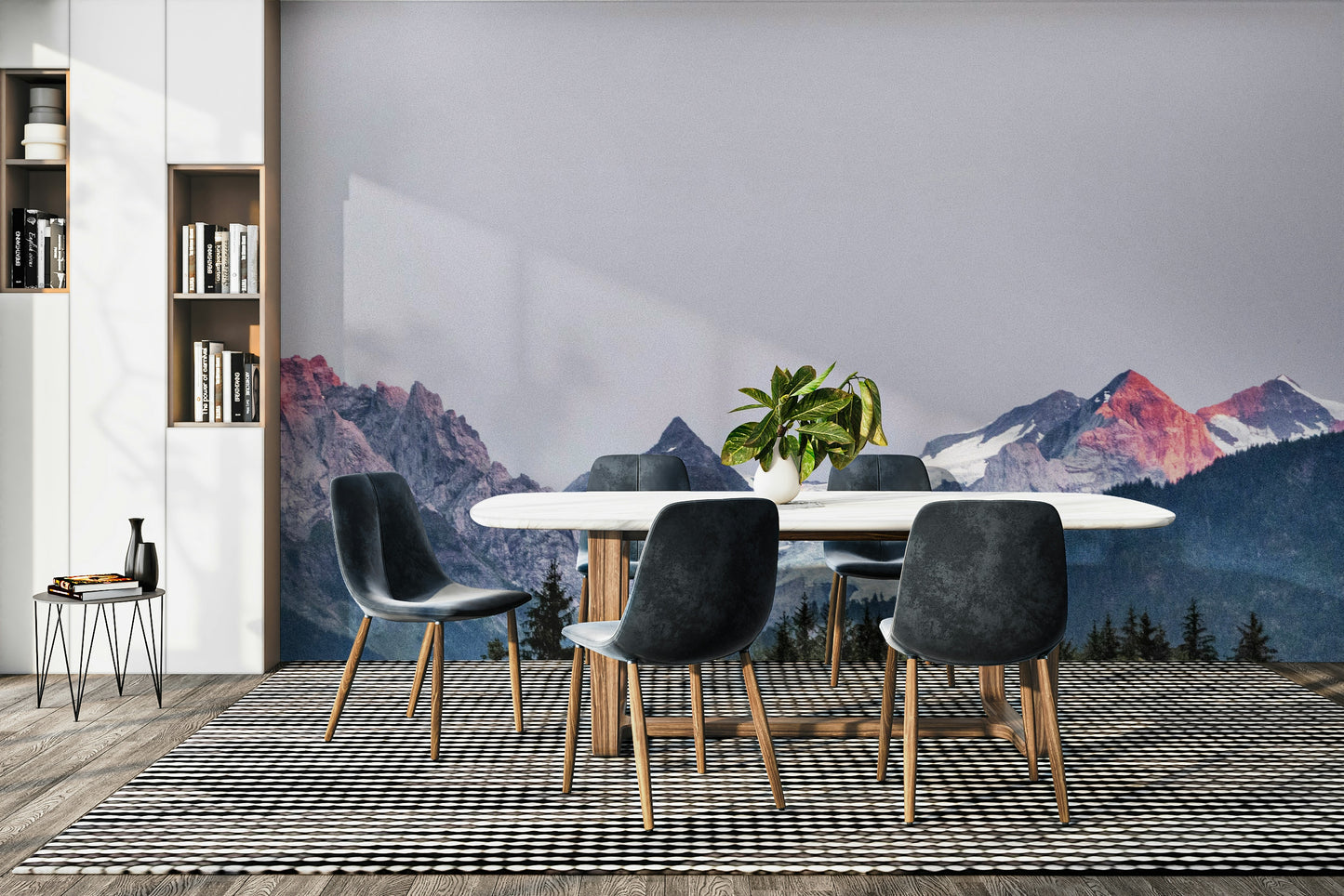 Sunset Mountain Vista wall mural behind a white oval dining table with dark grey chairs and a striped rug