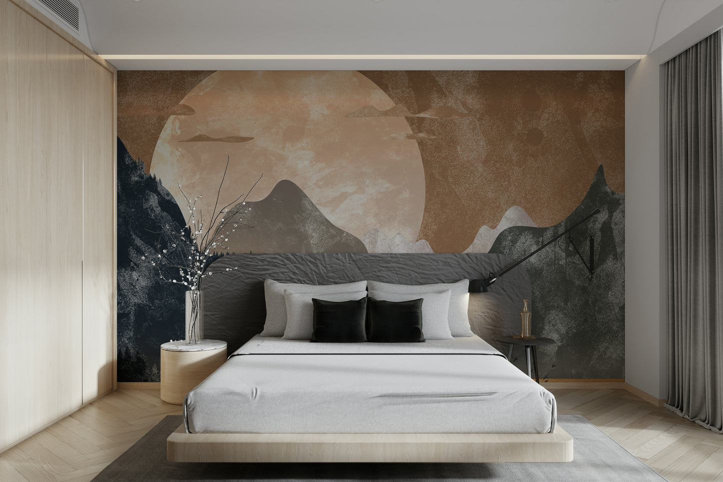 Abstract mountain landscape wall decor in a bright studio with minimalist styling.