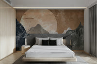 Abstract mountain landscape wall decor in a bright studio with minimalist styling.