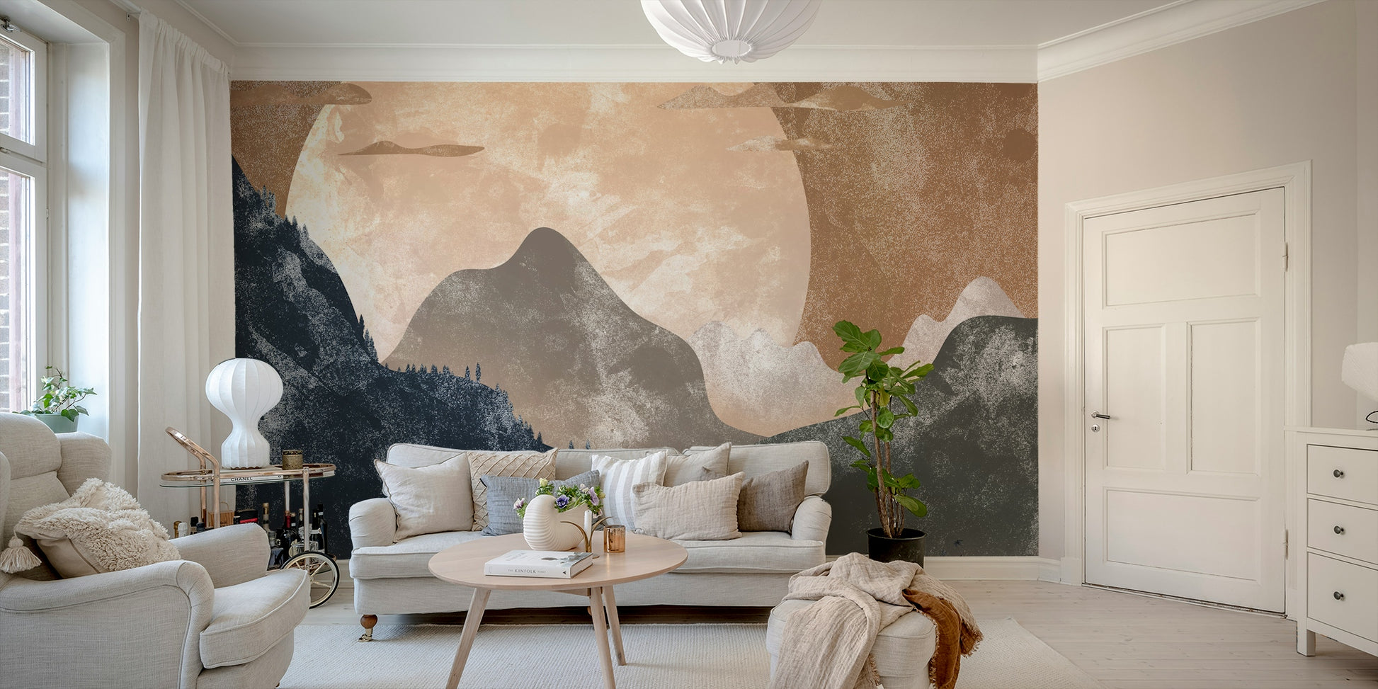 Sunset Over the Peaks Wallpaper used as a focal point in a high-ceilinged dining area.