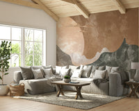 Sunset Over the Peaks Wallpaper with layered ridges in a professional workspace.