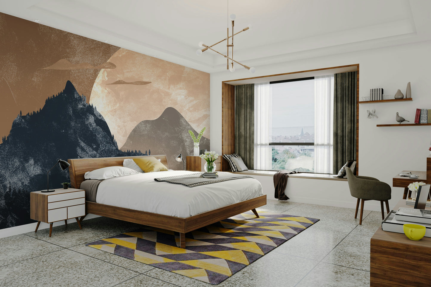 Muted watercolor mountains with a soft sun in a crisp white kitchen nook.