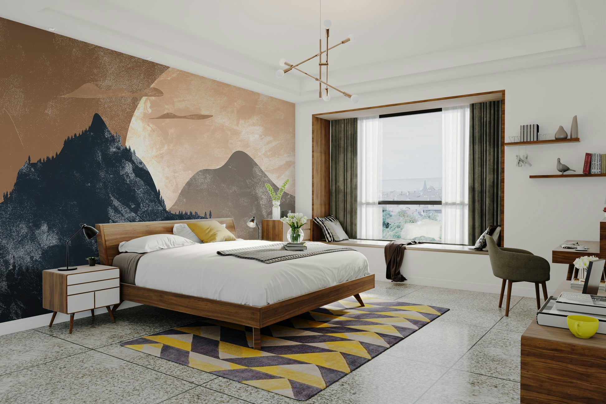 Muted watercolor mountains with a soft sun in a crisp white kitchen nook.