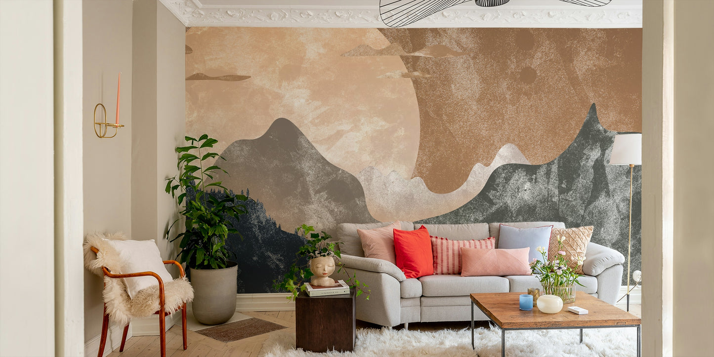 Sunset Over the Peaks Wallpaper featuring soft pink clouds and blue ridges in a nursery.