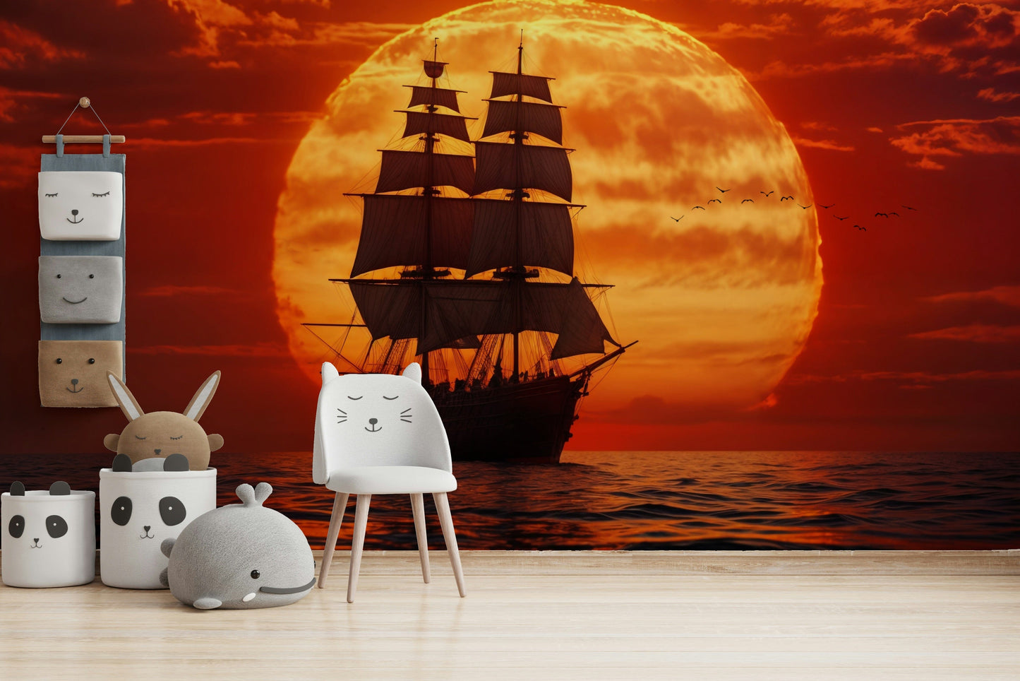 A high-angle view of the wall mural in a large space.