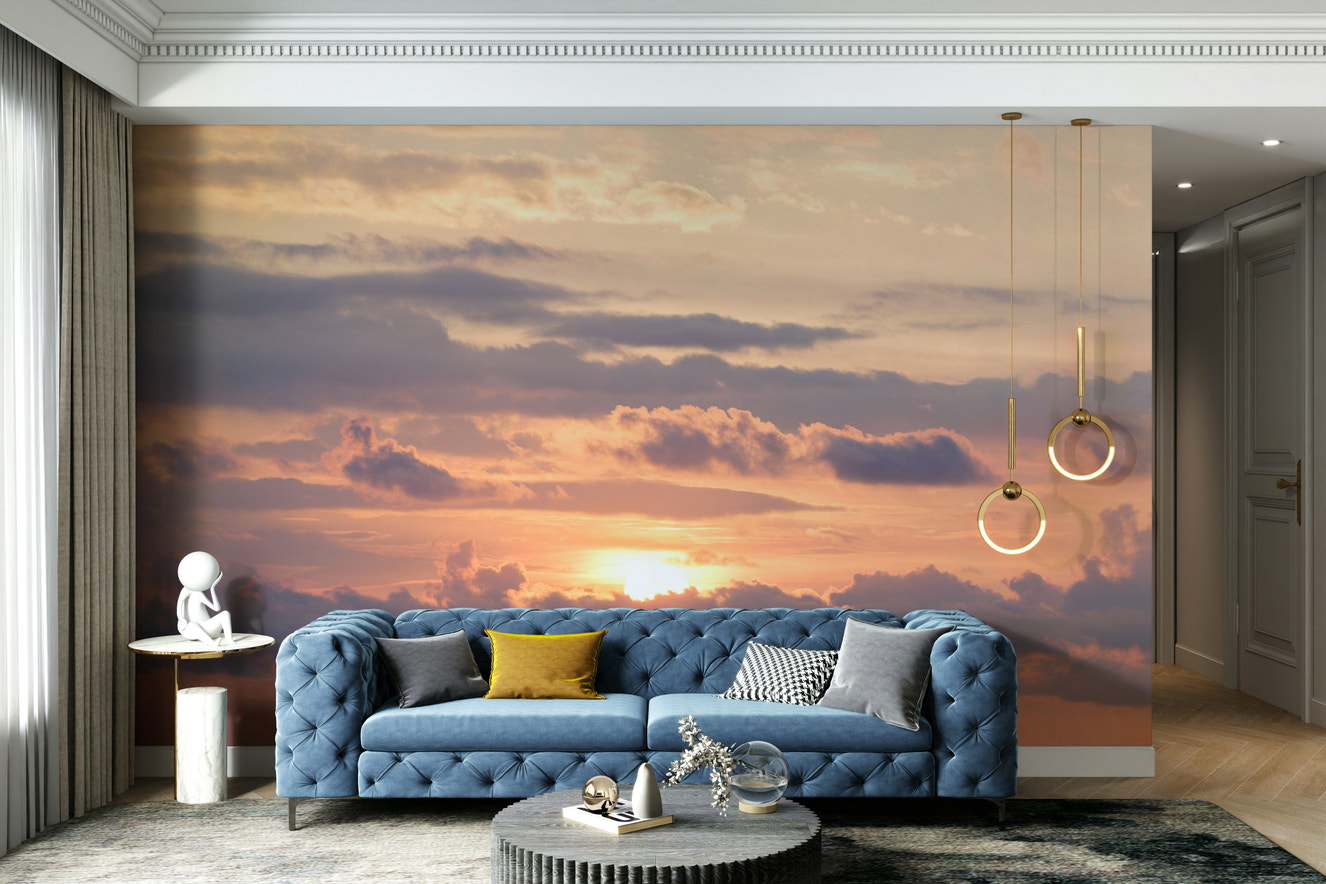 A peaceful open sky mural on decorative wallpaper.

